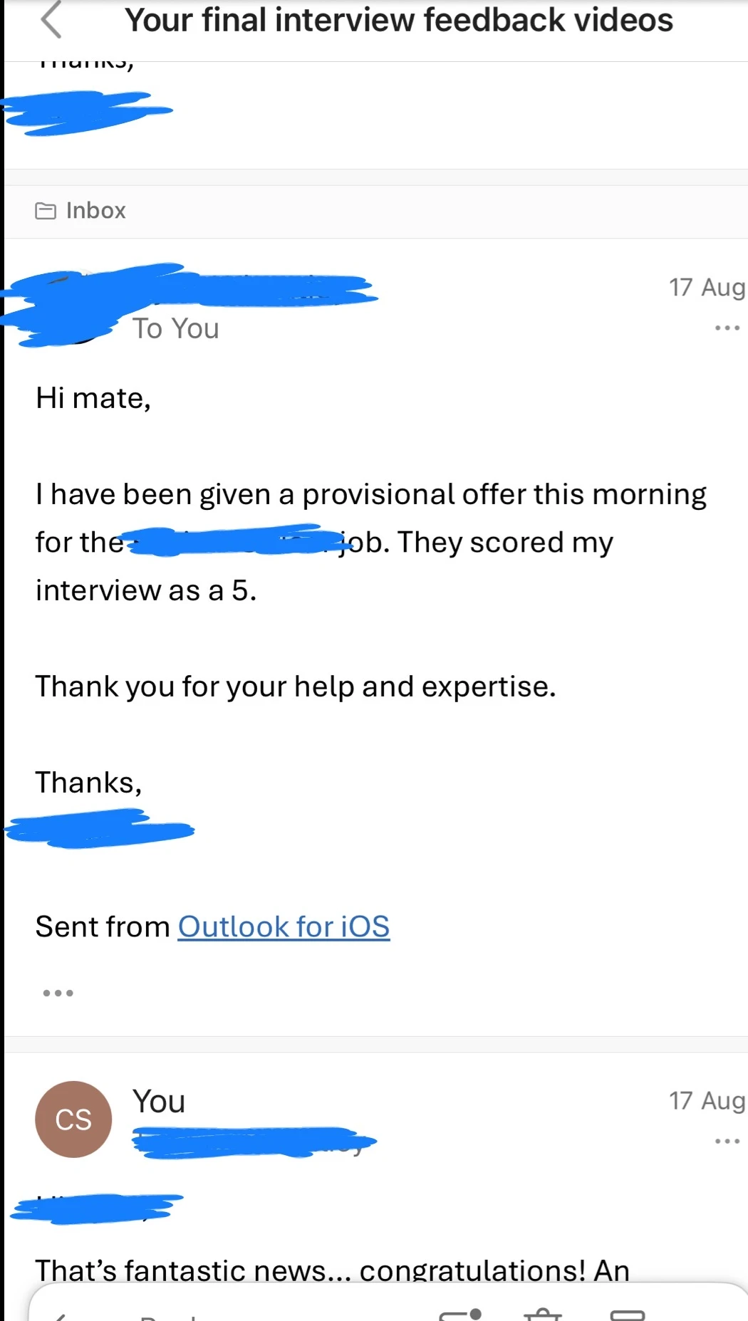 Provisional Offer After Interview Coaching, Scored 5